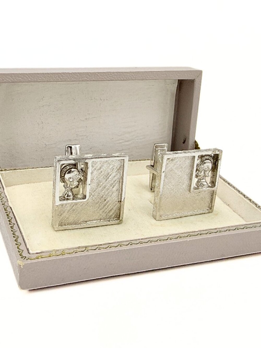 Sarah Coventry Designer Signed Textured Silver Plated  Spartan Head Cufflinks